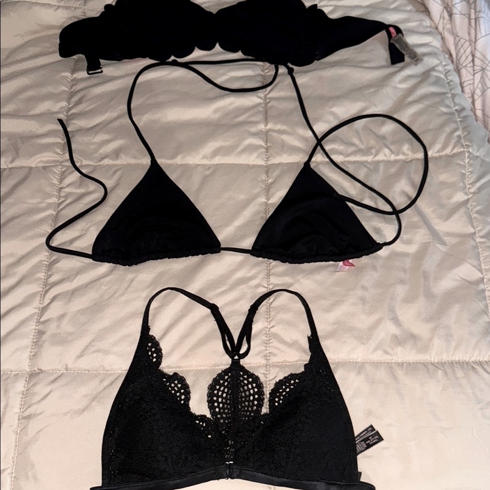 VS Bundle 3 Black Bralette, Scallop Swim Strapless, Triangle Bikini Top